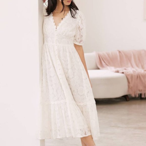 V Neck Puff Sleeve Lace Crochet Detail Corset Top Midi Dress - Picture 1 of 1